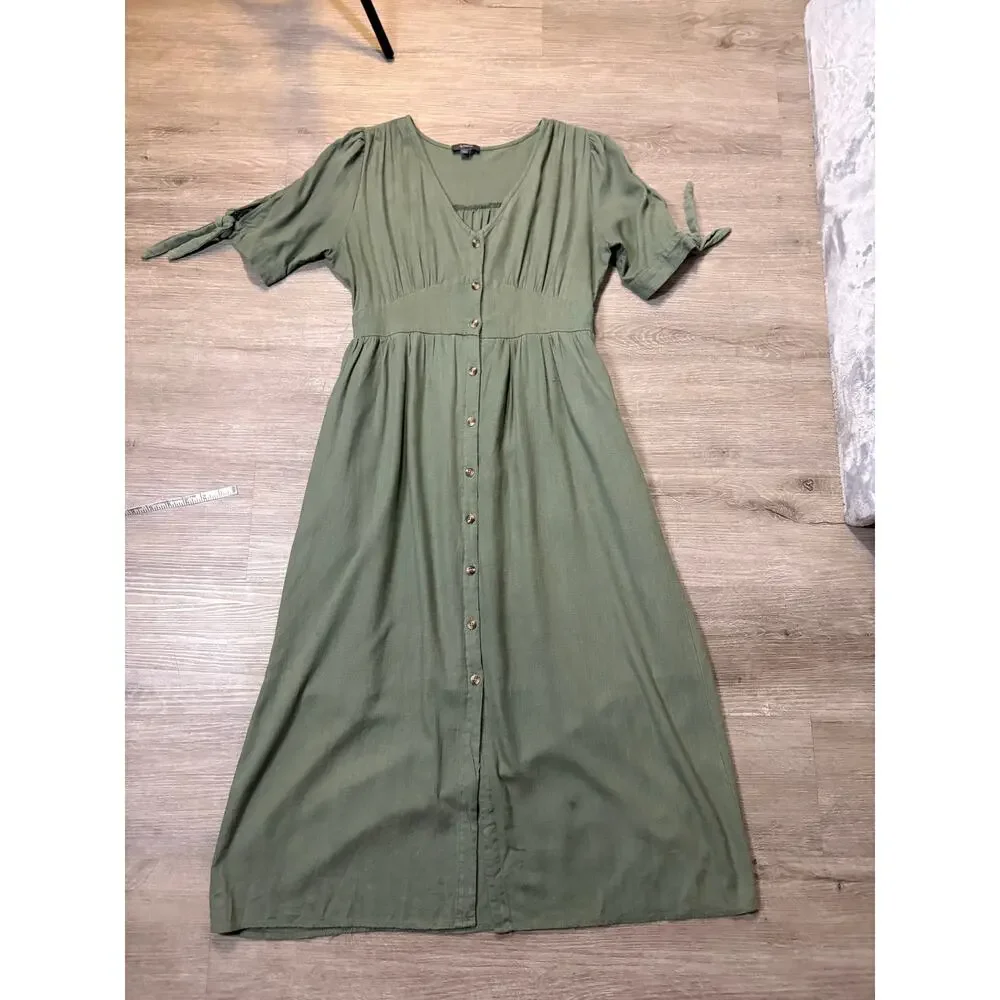 &Merci Sage Green Linen Midi Button Front Peasant‎ Dress Large Fit Flare Casual - Picture 8 of 14